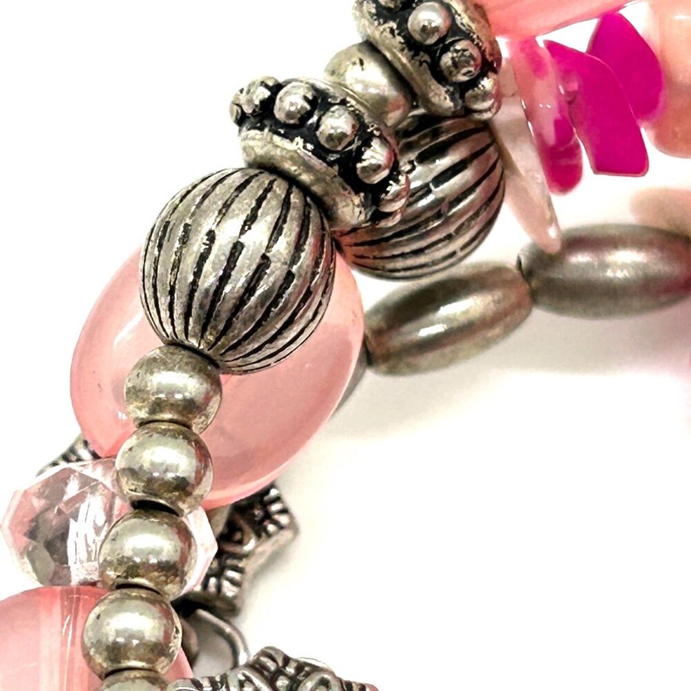 Charming Charlie Memory Wire Wrap Pink Magenta Silver-tone Beaded Bracelet Boho - Picture 8 of 12